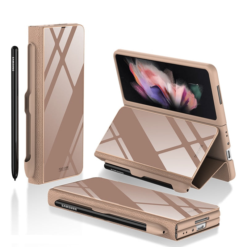 Luxury Leather & Tempered Glass Flip Stand Case For Galaxy Z Fold - casetiphone