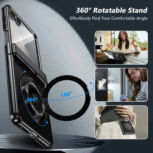 360° Rotating Ring Holder Magnetic Hinge Protection Case for Samsung Galaxy Z Flip 7 with Tempered Glass Film Cover