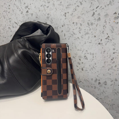 Luxury Checkered Wallet Case with Strap
