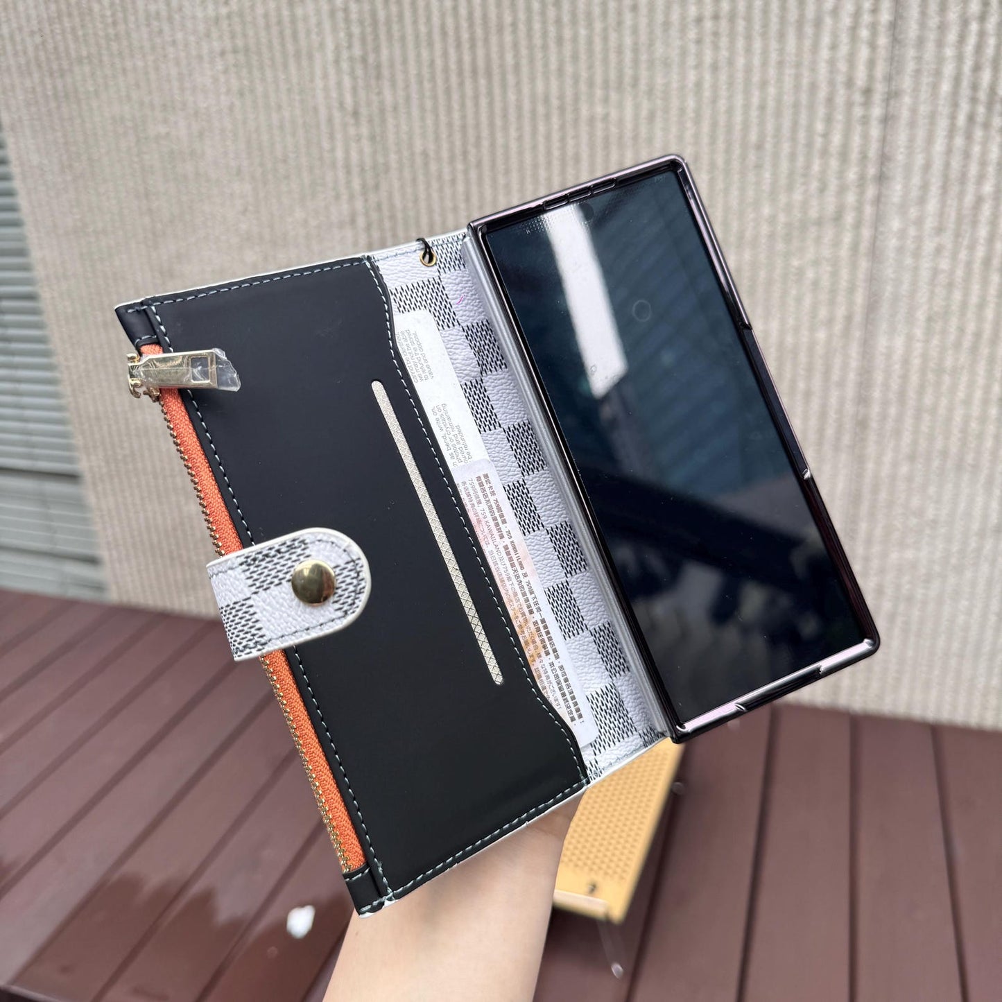 Luxury Checkered Wallet Case with Strap